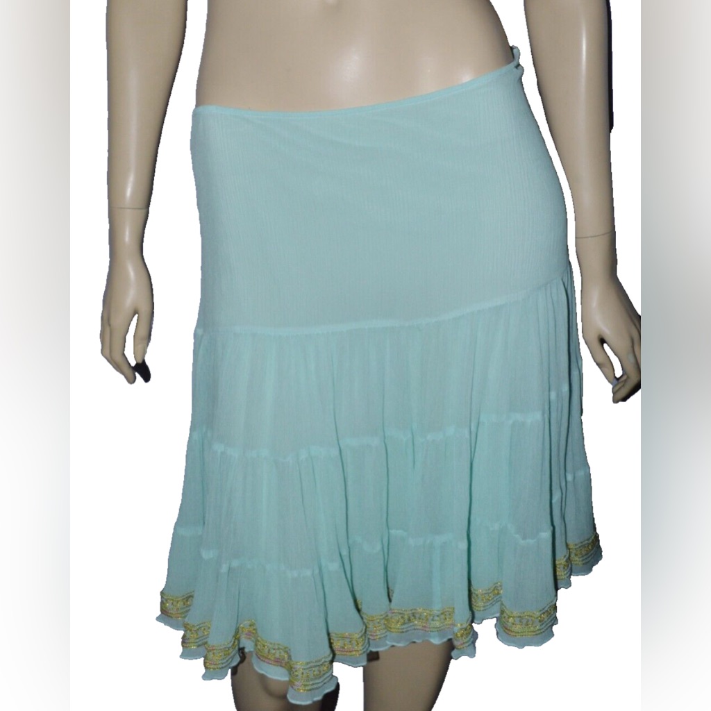 Aqua Bloomingdale Sz M Medium Blue 100% Silk Embroidered Sequins Flared Skirt
